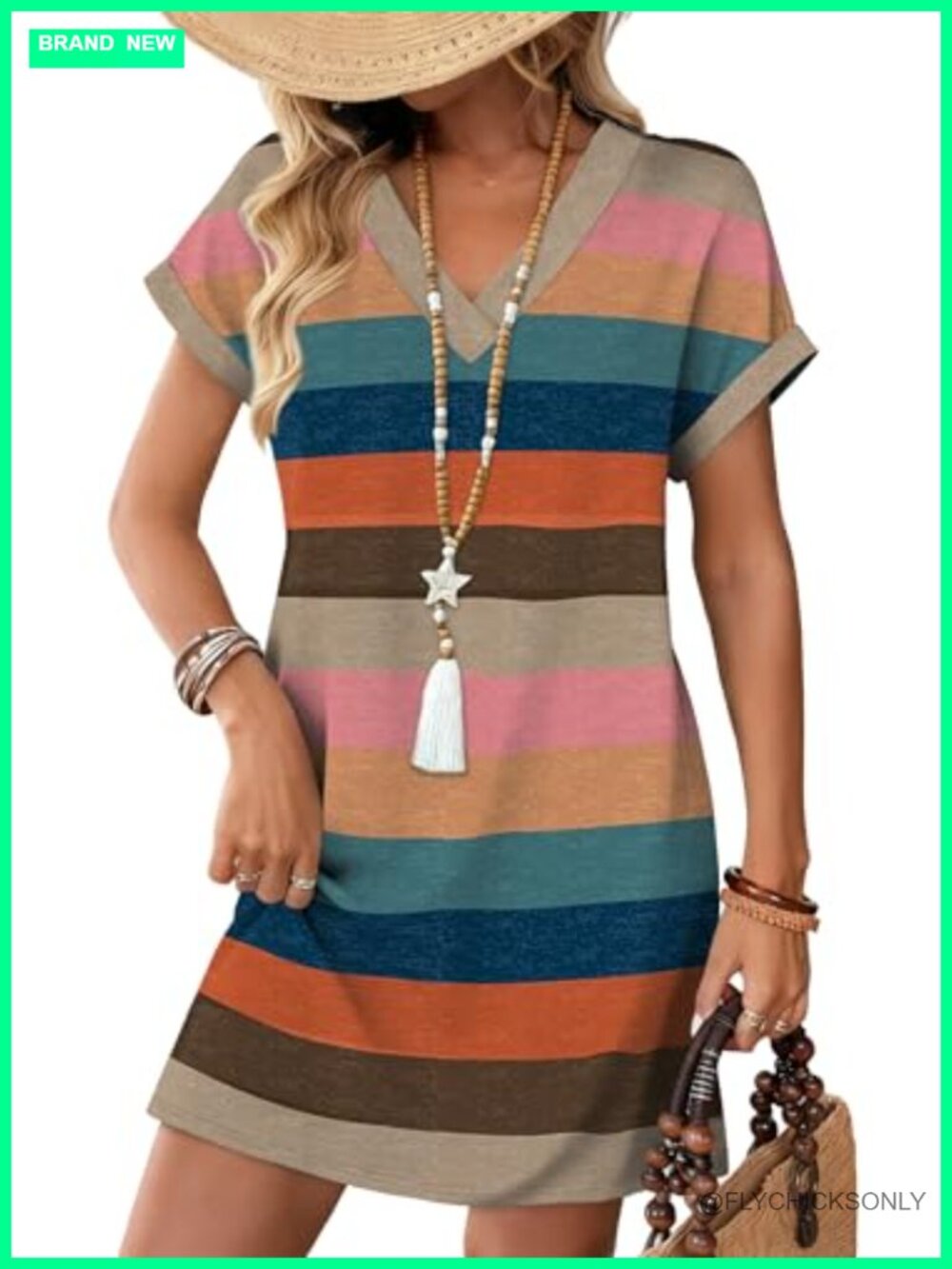Womens Casual Tshirt Dress Midi Length V-Neck Short Sleeve Side Pockets Flowy